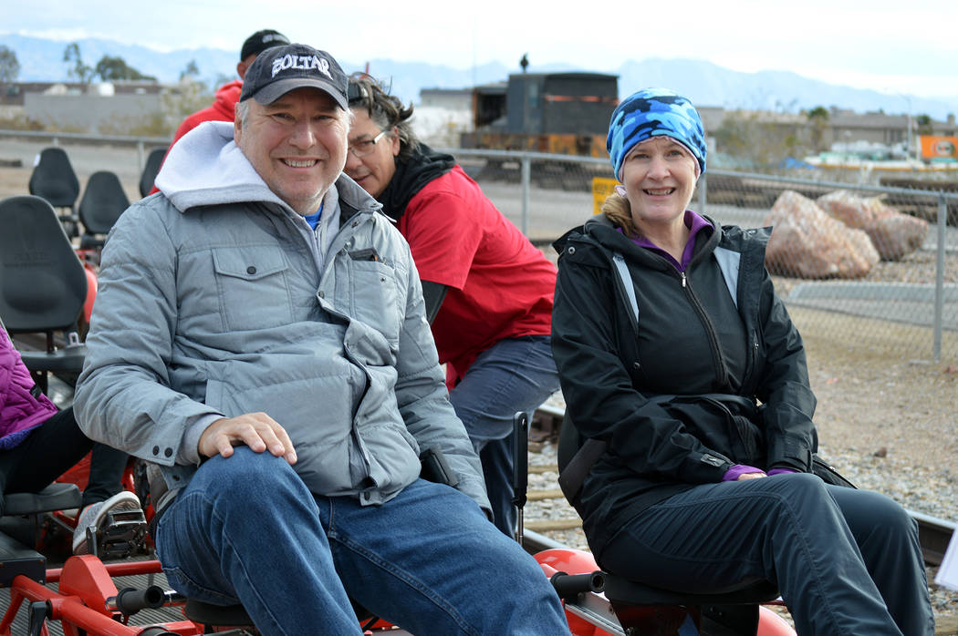 Celia Shortt Goodyear/Boulder City Review
Locals Brad and DeAnne Appleby came to the Nevada State Railroad Museum on Saturday to try out Rail Explorers' new pedal rail cars.