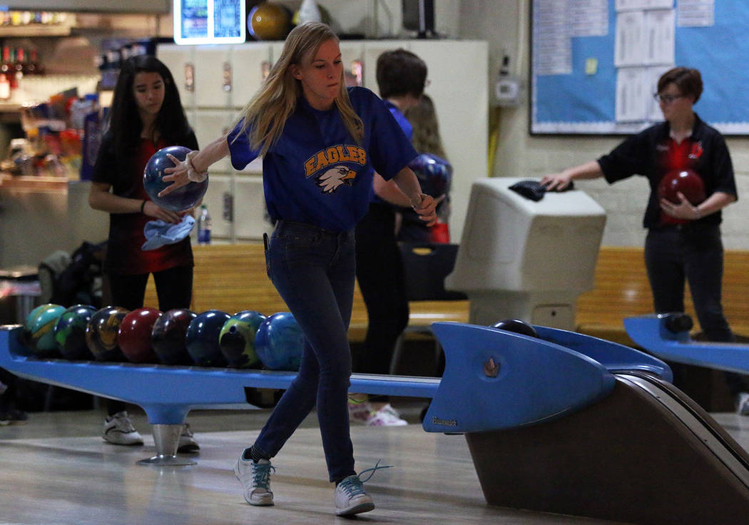 Nichole Del Rio/Boulder City Review
Boulder City High School junior Samantha Wagner practices before the Lady Eagles game against Southeast Career Technical Academy at Boulder Bowl on Monday. The  ...