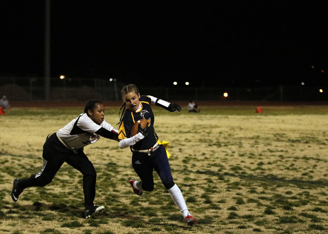 Bryce Rogers/Boulder City Review
Ryann Reese, a junior at Boulder City High School, lead the team in rushing, with 102 yards on 12 carries, including running in a touchdown pass, during the Lady E ...
