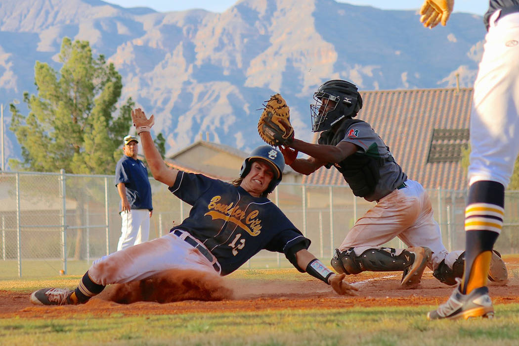 Laura Hubel/Boulder City Review
Boulder City High School senior Aaron Kehoe, the first baseman who leads the team in the number of hit by pitches again this season, took two in the game against Mo ...