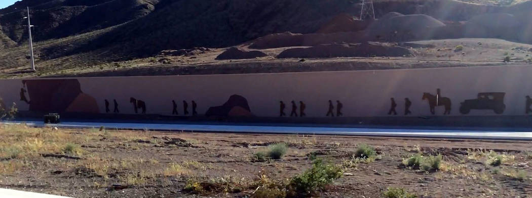 Hali Bernstein Saylor/Boulder City Review
The construction of Hoover Dam, including the migration of the 31ers to Southern Nevada, is depicted by artwork on a sound wall of Interstate 11.