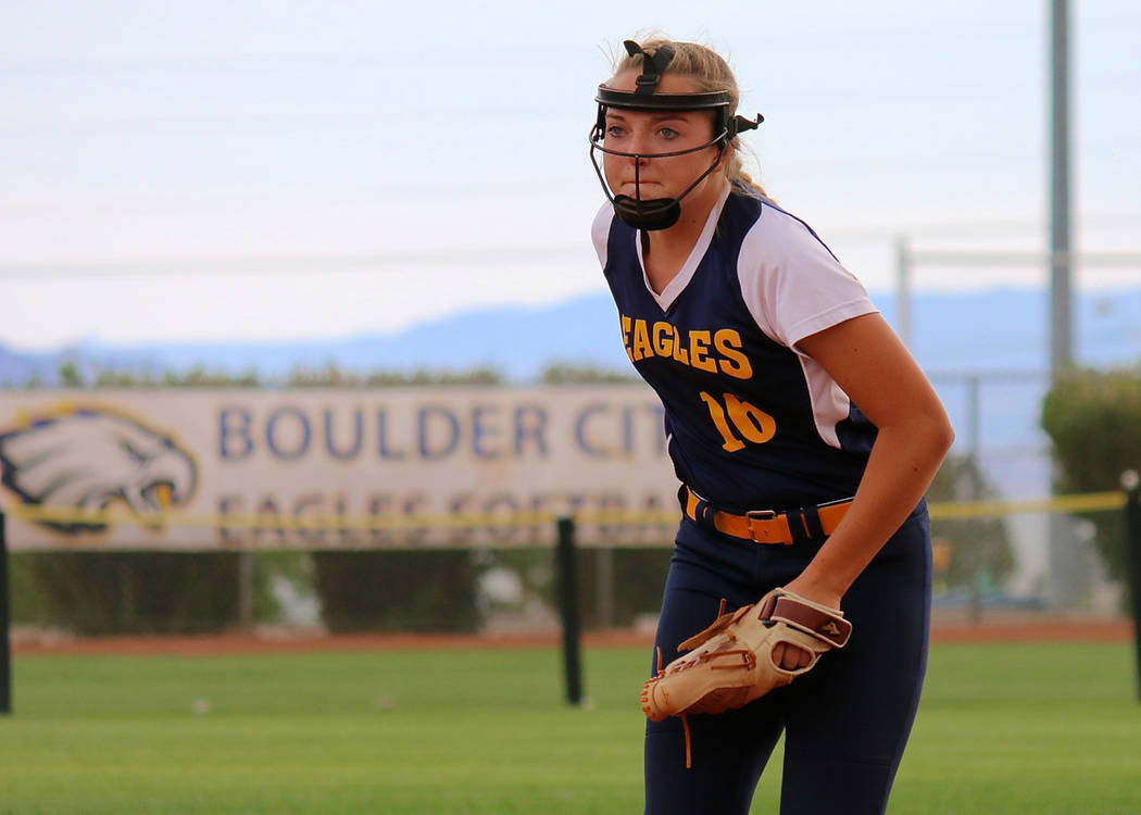 Laura Hubel/Boulder City Review
Junior Bailey Bennett-Jordan was all-in on the mound against 4A Sierra Vista on Friday. She struck out nine batters and allowed only four hits during the 1-0 loss.