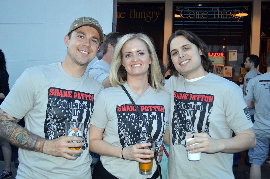 Celia Shortt Goodyear/Boulder City Review
Mike Kenny, from left, Sarah Yeaton and Ryan Ward enjoy the Shane Patton Pub Crawl 2017. 
They came from Las Vegas and Henderson for the event.