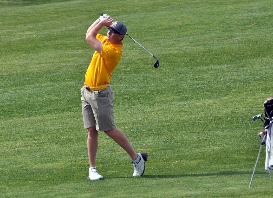 Horace Langford Jr./Pahrump Valley Times
Boulder City High School's top golfer, Kyler Atkinson, seen here at the annual Pahrump Valley Invitational in early March, has won first place for four con ...