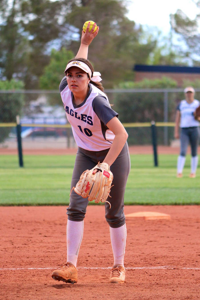 Laura Hubel/Boulder City Review
Pitcher Jordan Moorhead went the distance in Boulder City High School's five-inning softball game against Legacy High School on Friday, where the Lady Eagles shut t ...