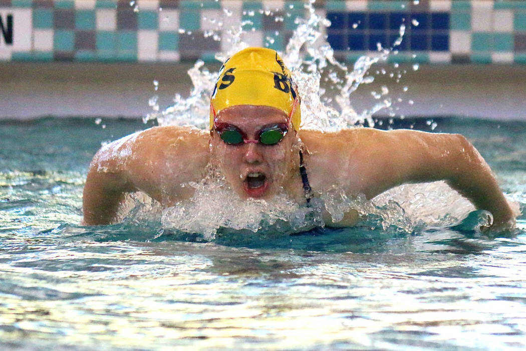 Laura Hubel/Boulder City Review
Boulder City High School senior Mandy Gebhart went in as the top seed in the 100-meter butterfly with a time of 1:03 on Saturday and, after a strong swim, held her  ...
