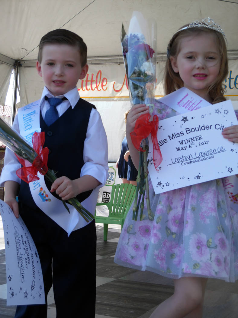 Hali Bernstein Saylor/Boulder City Review
Colton Hawkins, left, and Laetyn Lawrence were crowned Little Mister and Little Miss Boulder City after answering questions about their families, favorite ...