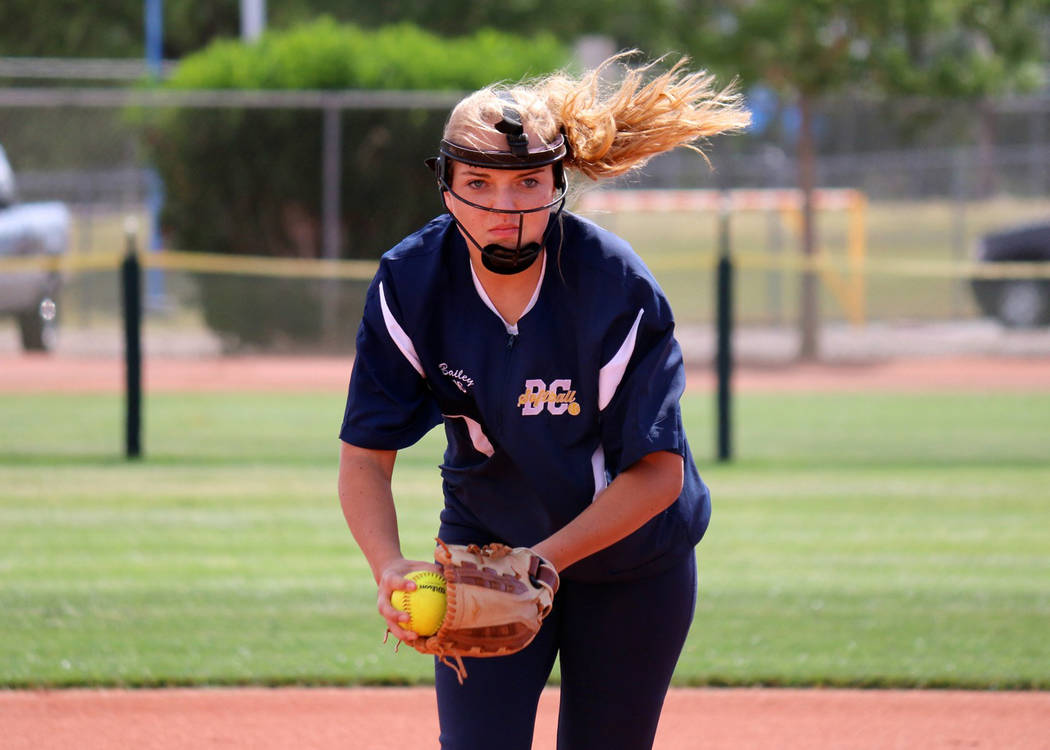 Laura Hubel/Boulder City Review
Boulder City High School junior Bailey Bennett-Jordan pitched against Western striking out 10 and knocking in a home run herself to help the Lady Eagles to a 16-6 v ...