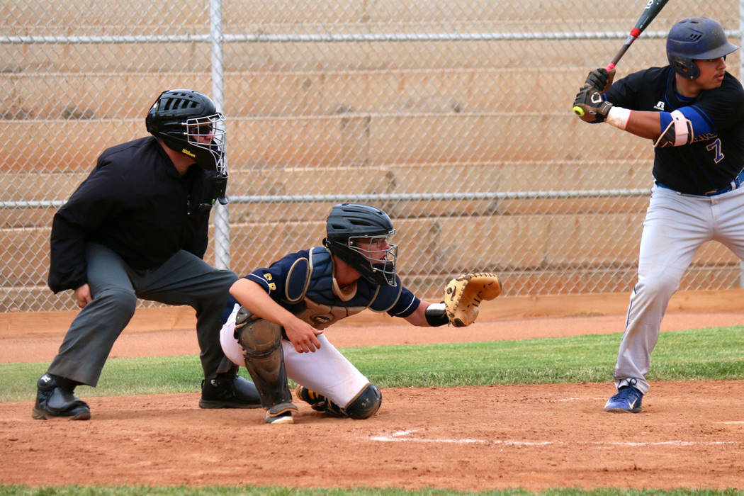 Laura Hubel/Boulder City Review
Boulder City High School senior catcher Kodey Rahr had two hits and four RBIs to help the Eagles defeat Desert Pines 12-0 in their first playoff game on Tuesday.