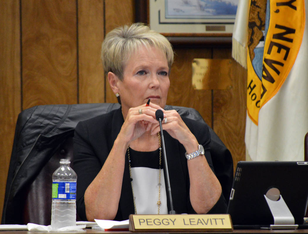 Celia Shortt Goodyear/Boulder City Review
Councilwoman Peggy Leavitt listens to a presentation about The Cottages subdivision at Tuesday's City Council meeting.