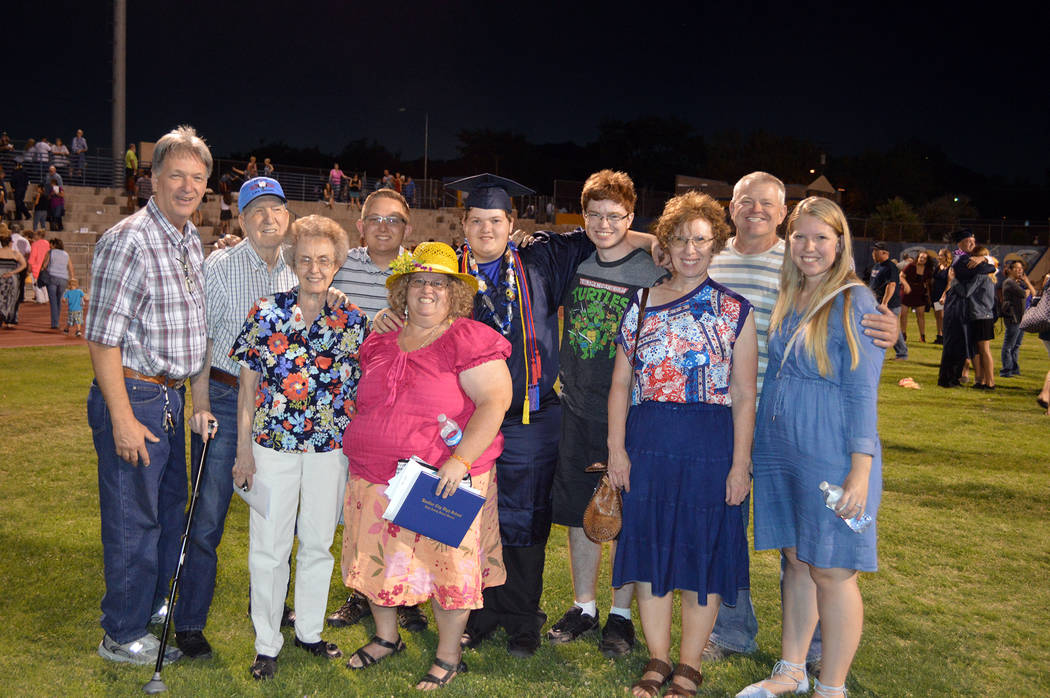 Celia Shortt Goodyear/Boulder City Review
Three generations of Alger family members celebrate Caleb Alger's graduation from high school on Friday evening including front row, from left, Gloria Alg ...