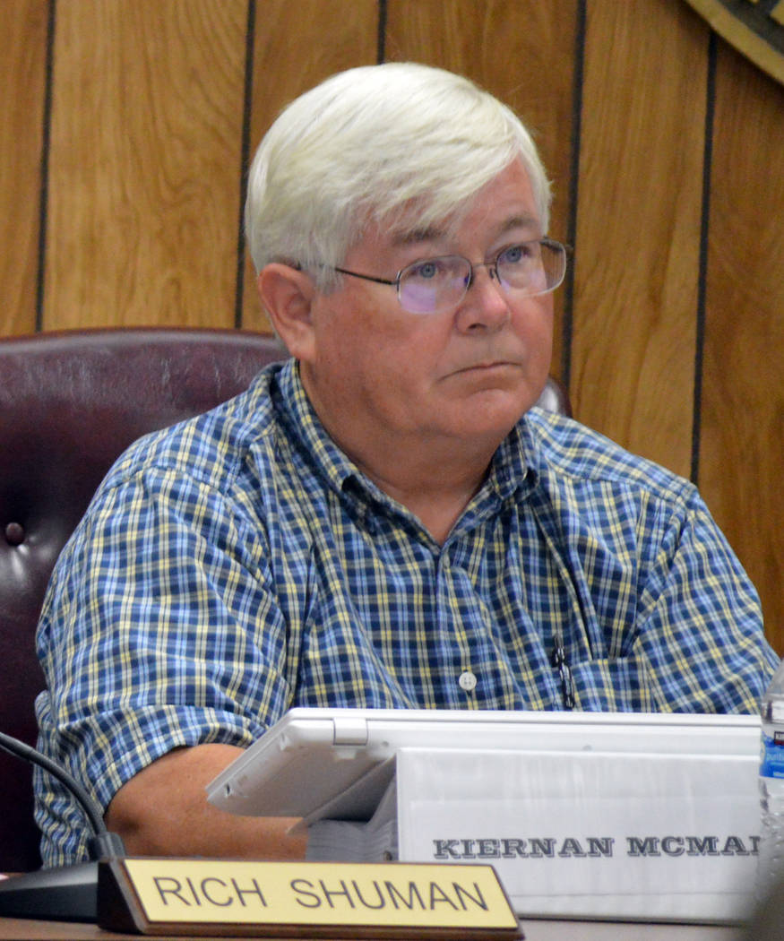 Celia Shortt Goodyear/Boulder City Review
New City Councilman Kiernan McManus listens to an agenda item during his first meeting Tuesday.
