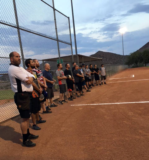 Kelly Lehr
Marty Lalley, far left, head umpire for the Nevada Softball Association, spoke about the late Dan McMahon and his contributions to softball in Southern Nevada, prior to the start of the ...