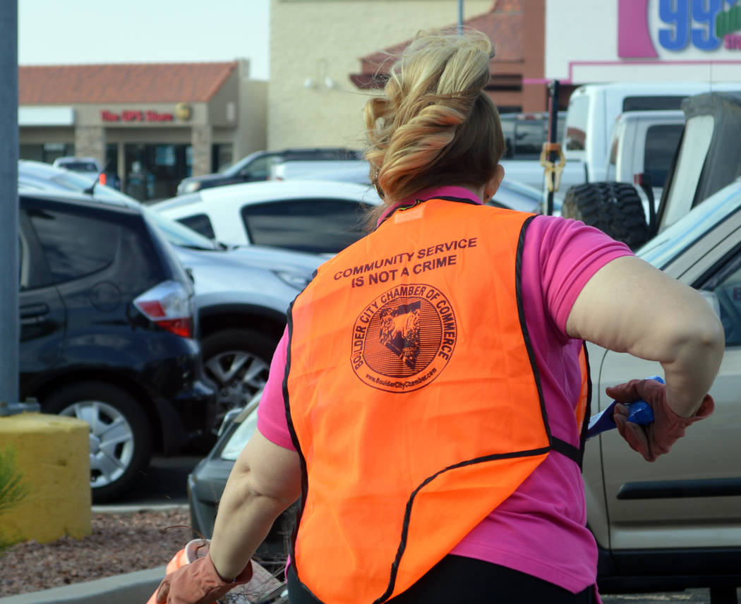Celia Shortt Goodyear/Boulder City Review
"Community service is a not crime" is a saying Chamber of Commerce CEO Jill Rowland-Lagan adopted and had put onto safety vests for community service acti ...