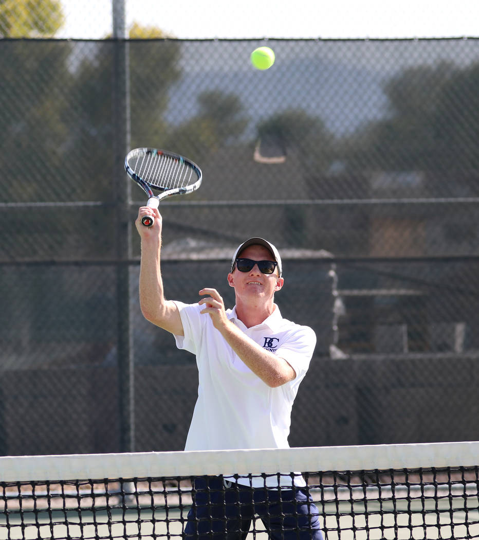 Bryce Rogers/Boulder City Review
Boulder City High School senior Tanner Montgomery, who swept his doubles matches 3-0 on Tuesday against Silverado along with partner Karson Bailey, is also expecte ...