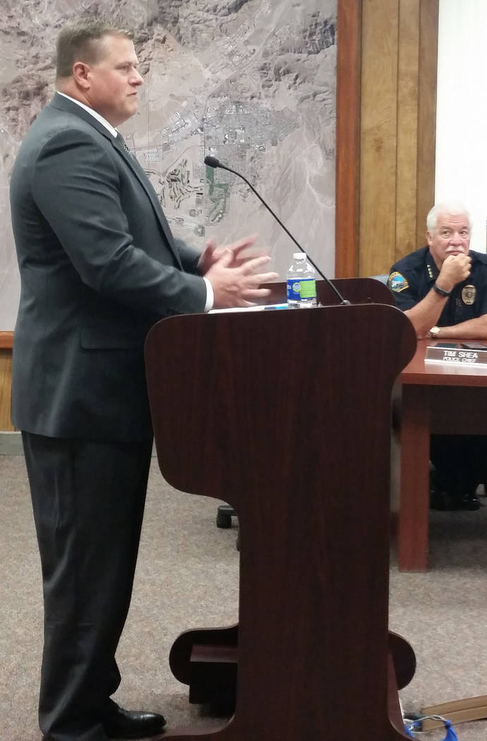 Celia Shortt Goodyear/Boulder City Review
City attorney candidate Gordon Goolsby appears before the City Council on Wednesday to answer questions about his qualifications for the position.