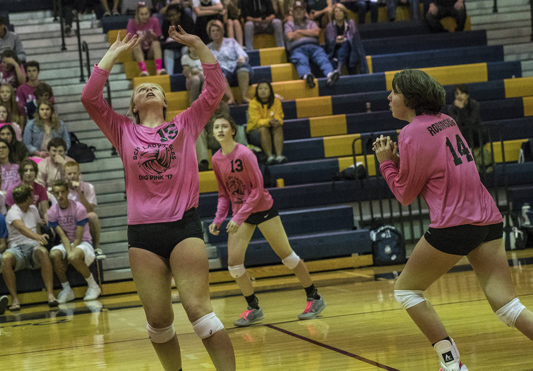 Oksana Saulenko/Boulder City Review
Boulder City High School volleyball players, from left, Maggie Roe, Raegan Herr and Kelsi Robinson were key in the Lady Eagles' rout of the Roadrunners from Sou ...