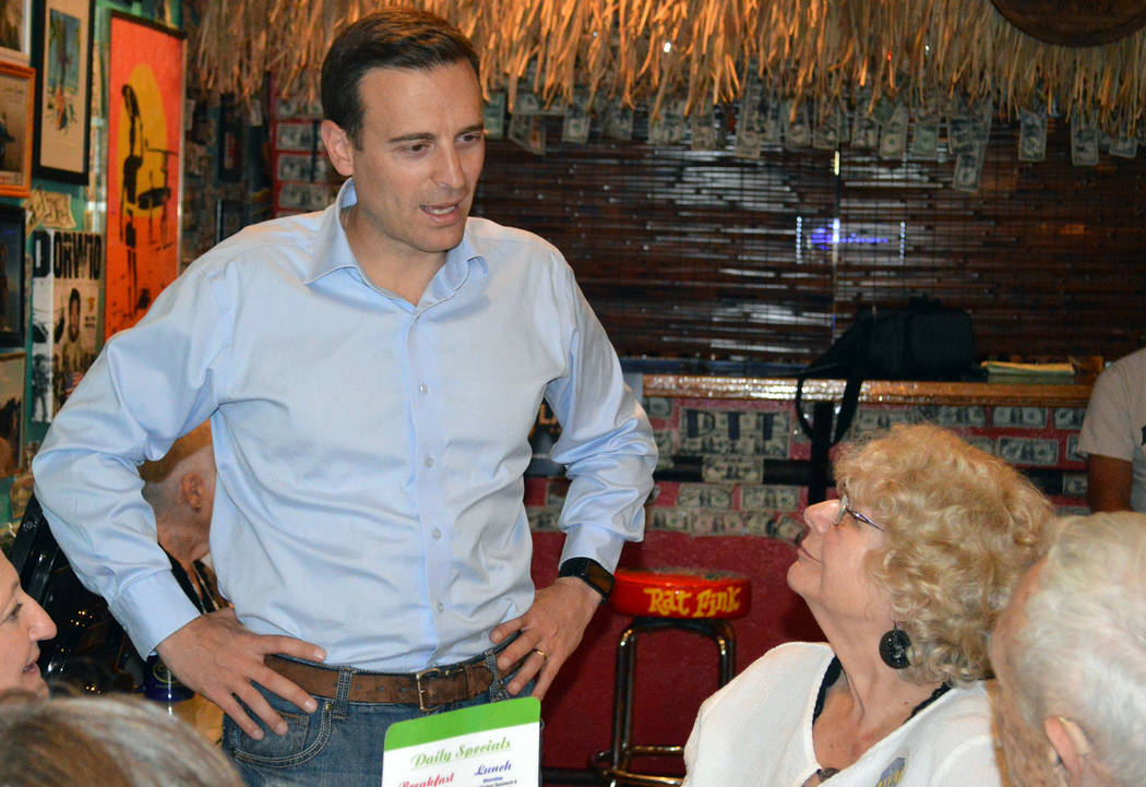 Celia Shortt Goodyear/Boulder City Review
Nevada Attorney General Adam Laxalt talks with Norma Barth at the World Famous Coffee Cup in Boulder City on Tuesday, Nov. 7, about his candidacy for Neva ...