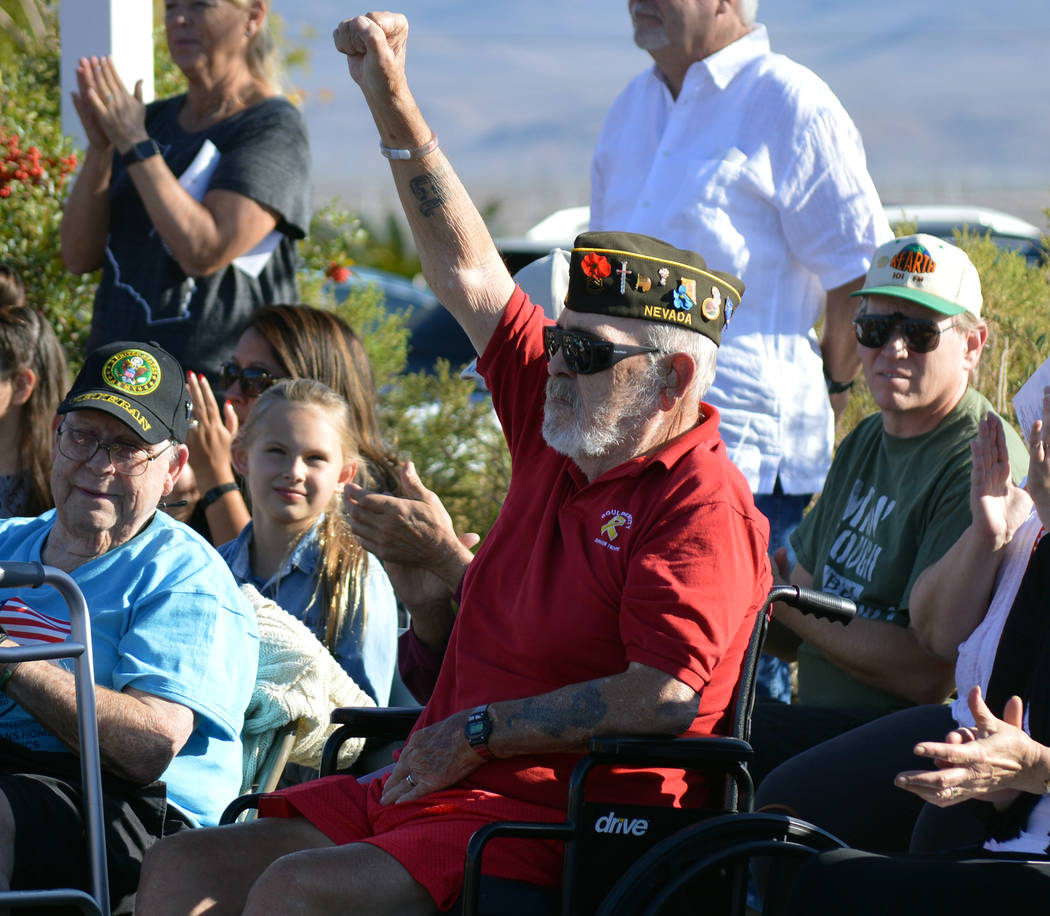 Celia Shortt Goodyear/Boulder City Review
U.S. Army Sgt. 1st Class James Duffin raises his hand and is recognized at the Veterans Day ceremony at the Nevada State Veterans Home on Saturday for his ...