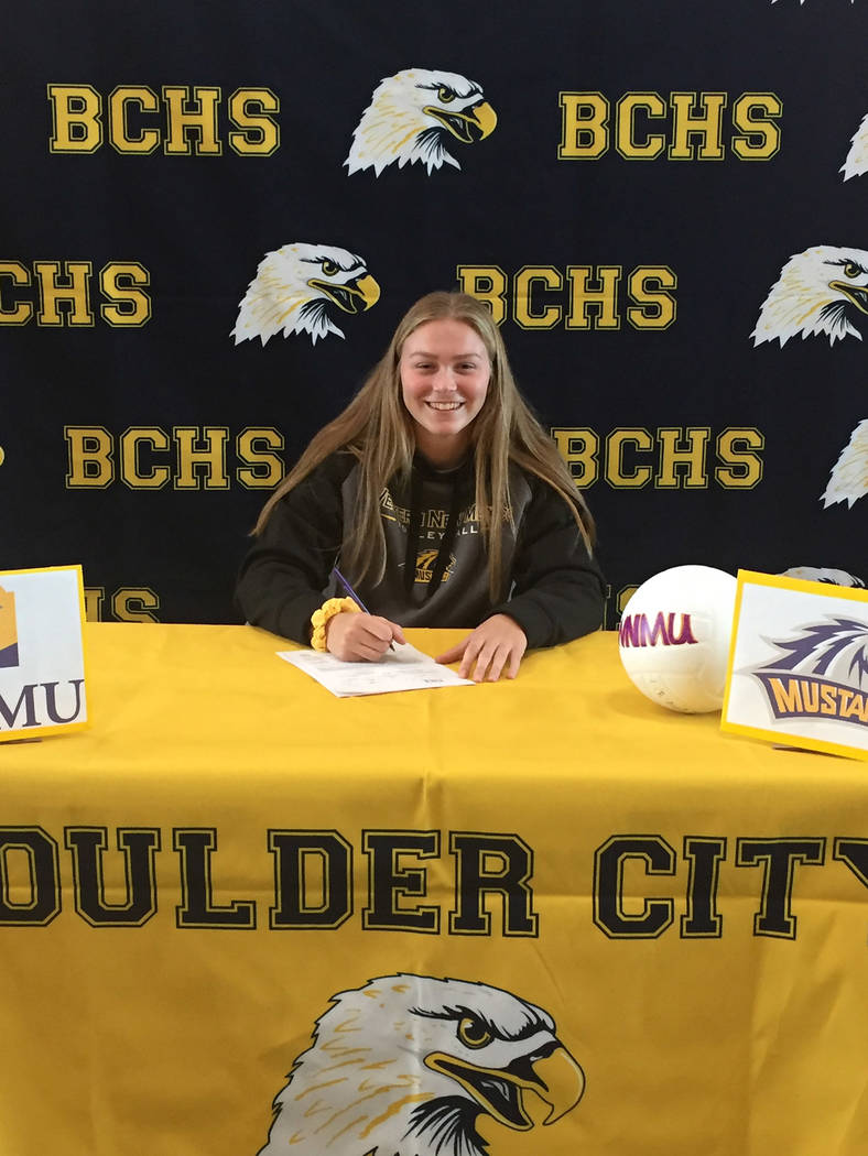 Amy Wagner
Maggie Roe, a senior at Boulder City High School, signed her signing her national letter of intent with Division II program Western New Mexico on Nov. 8.