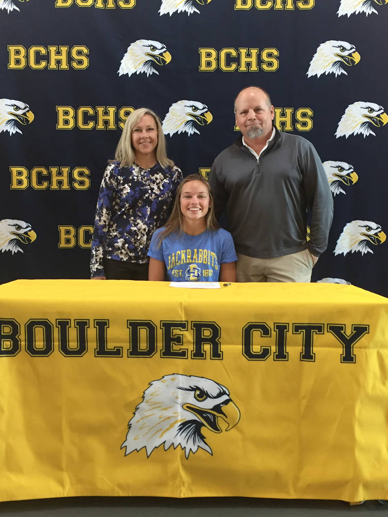 Amy Wagner
Boulder City High School golf star Lani Potter is joined by her parents, Jill and father Richard Potter, as she signed her national letter of intent Nov. 8 to attend Division I program  ...