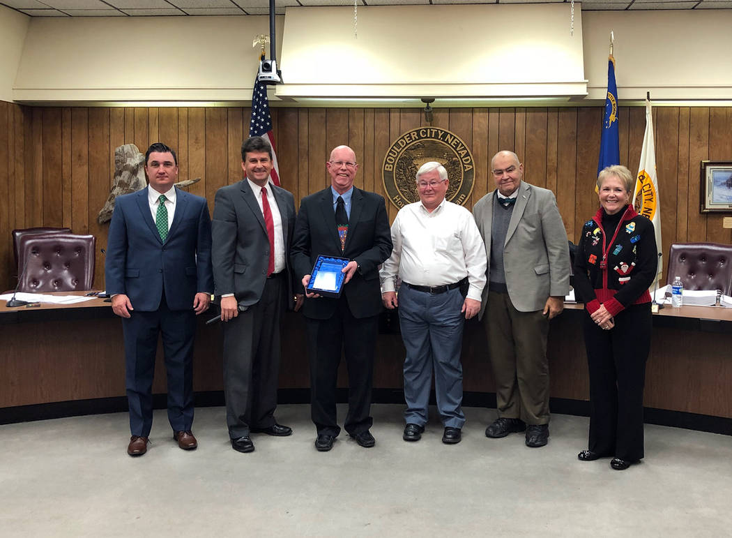 Boulder City
City Council awarded Judge Victor Miller the 18th annual Bill Andrews Award for outstanding community service to the city during its meeting Tuesday. Making the presentation were, fro ...