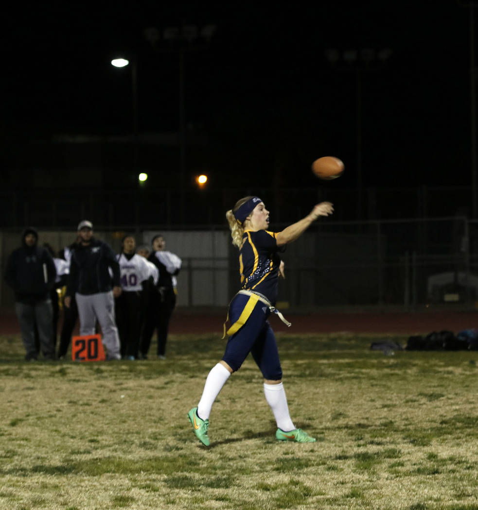 Tristin Phelps/Boulder City Review
Boulder City High School senior Nicole Valle throws the ball to her wide receiver to make it first down during the Lady Eagles' 26-6 victory over Sunrise Mountai ...