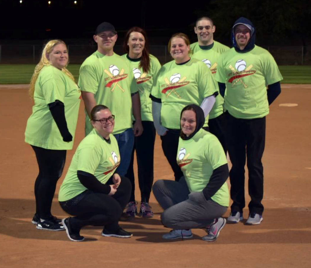 Kelly Lehr
Wearing their championship shirts in Boulder City Parks and Recreation Department's adult coed softball league are members of the Boulder Dam Credit Union team, from left, Jenn Lusch, C ...