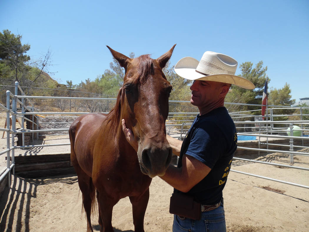 Hali Bernstein Saylor/Boulder City Review
From July: Boulder City Police officer Scott Pastore and his horse Odie, seen at his stable at the Boulder City Horseman's Association, make up the city's ...