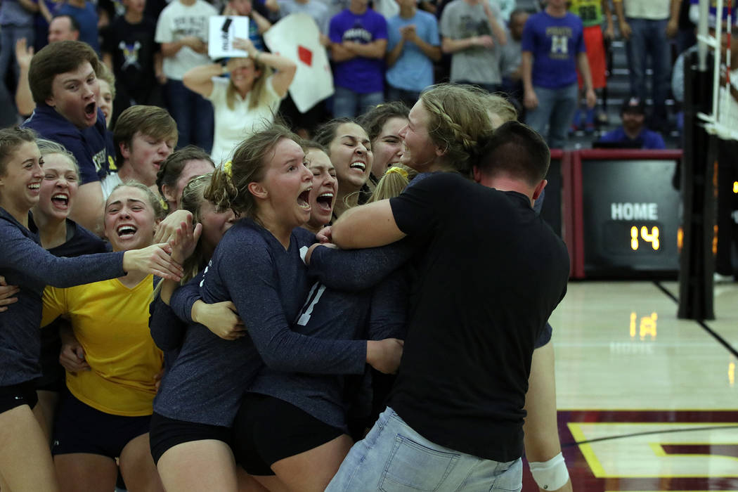 Boulder City High School yearbook
From November: Members of Boulder City High School's girls varsity volleyball team celebrated winning the state championship. It was the school's first volleyball ...