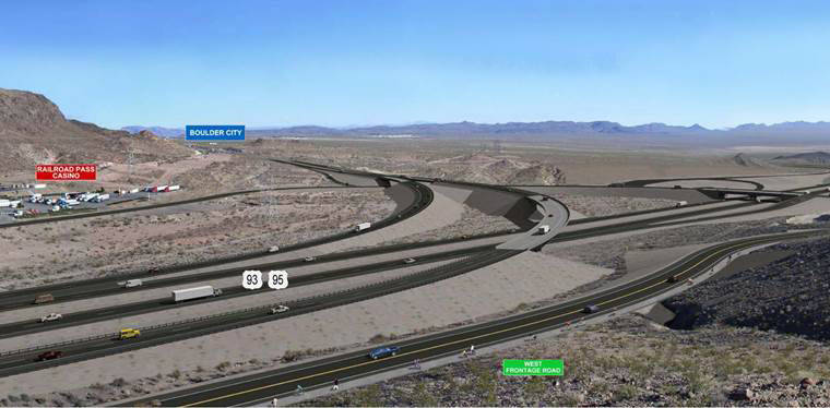 Nevada Department of Transportation
This rendering shows what the completed stretch for the Boulder City Parkway exit off the new Interstate 11 will look like. A new segment, 2 miles of northbound ...