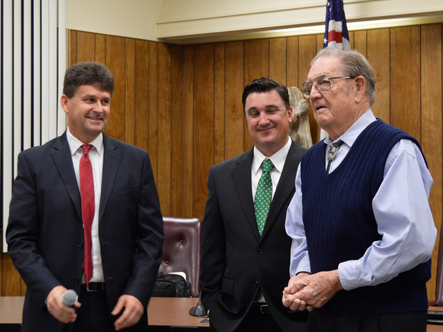 Max Lancaster/Boulder City Review
Bill Andrews Award winner Joe Rowe, right, is congratulated by Mayor Rod Woodbury, left, and Councilman Rich Shuman. Rowe was presented with the award during the  ...