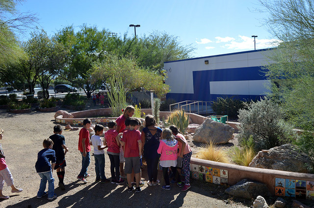 Max Lancaster/Boulder City Review
Third-grade teacher Sara Carroll tours the tortoise habitat with her class at King Elementary School on Monday. The kids did not get to see the school's 25-year-o ...