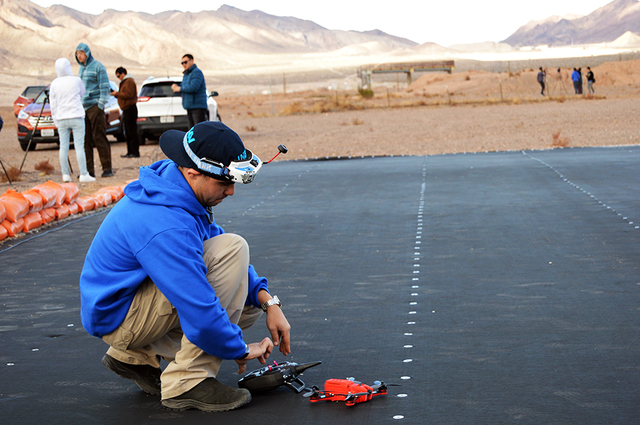 Max Lancaster/Boulder City Review
Paul Beaur of drone company UVIFY adjusts the settings on its newest product, the Dracho Racing Drone, at the Eldorado Droneport on Jan. 4. Beaur and his company  ...