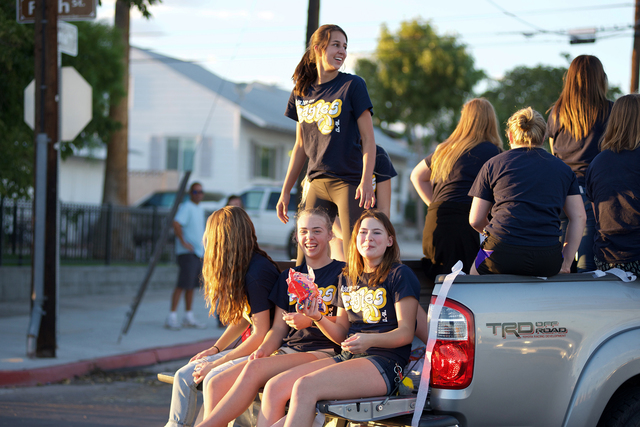 Noel Kanaley/Boulder City Review
Boulder City High School's volleyball team was full of energy as it took part in this year’s homecoming parade on Thursday, Sept 29, 2016. Students came dow ...