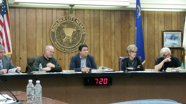 Celia Shortt Goodyear/Boulder City Review
Boulder City Planning Commissioners from left, Steve Walton, Paul Matuska, Glen Leavitt, Cokie Booth, and Ernest Biacsi, listen to a staff report at their ...