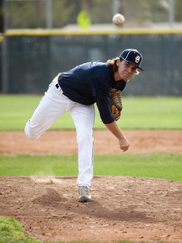 Boulder City High School incoming senior Jake Hubel, seen here pitching in a March game, hopes to spend his offseason time playing with Amateur Baseball Development, which prepares budding basebal ...