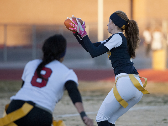 Steve Andrascik/Boulder City Review
Boulder City High School receiver Kenadee Bailey pulls in a pass during the first half in the home game against Southeast Career Technical Academy on Tuesday. T ...