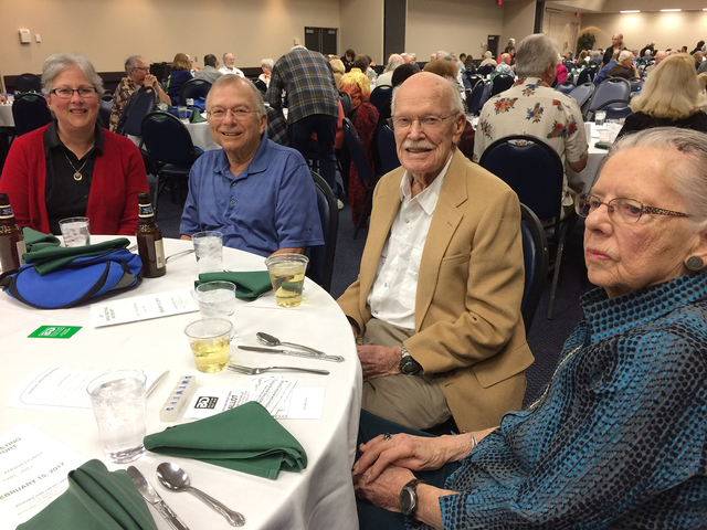 Hali Bernstein Saylor/Boulder City Review
Sue Jungwirth, from left, Larry Jungwirth, Floyd Woods and Phyllis Van Alstine spent time visiting before the start of the Boulder Dam Credit Union's annu ...
