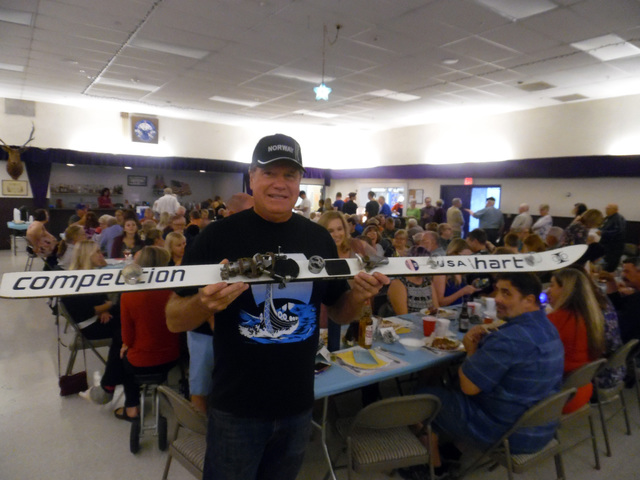 Hunter Terry/Boulder City Review
Olaf Stanton of Boulder City prepares to celebrate at the Sons of Norway's annual Lutefisk dinner on Saturday with the shot-ski he made from a snow ski that belong ...