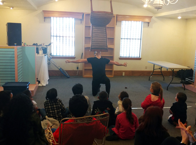 Hunter Terry/Boulder City Review
Strip performer Jeff Civillico performed for the kids at the St. Jude's Ranch for Children on Saturday, balancing a variety of objects, including a chair, on his chin.