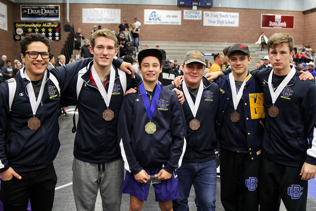Photo courtesy Richard Viera
Celebrating their wins at the Dixie Desert Storm tournament in Utah on Saturday were, from left, Bryan Foster, 170 pounds, third place; Dillon Viera, 160 pounds, fifth ...