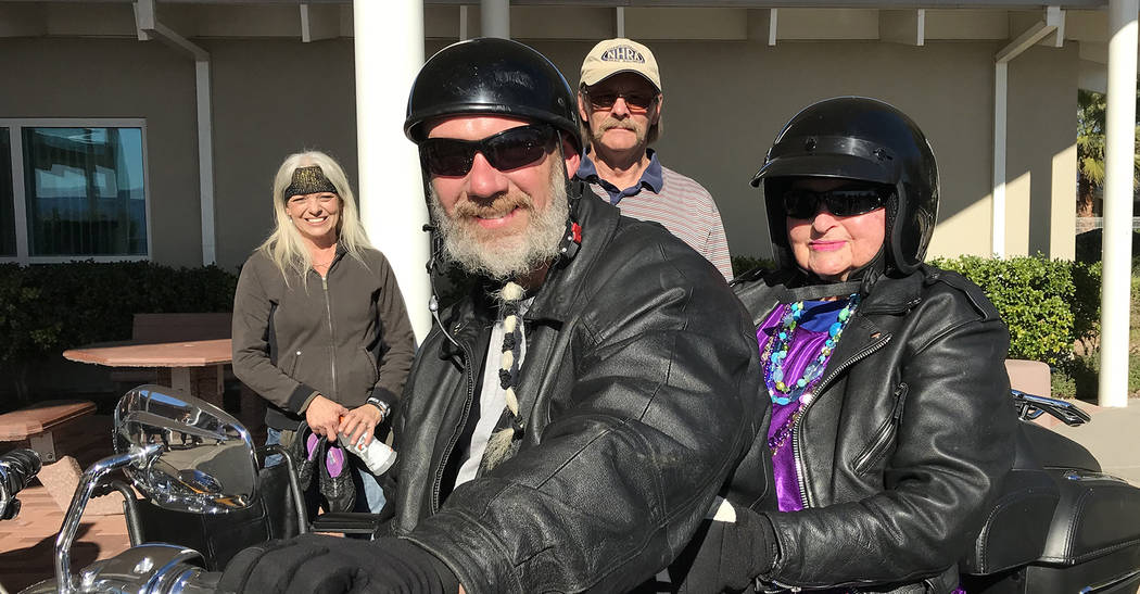 Hali Bernstein Saylor/Boulder City Review
Rick Hillis, founder of One Hero at a Time, volunteered to give Virginia Mahaney, a resident of the Nevada State Veterans Home, a ride on his Harley-David ...