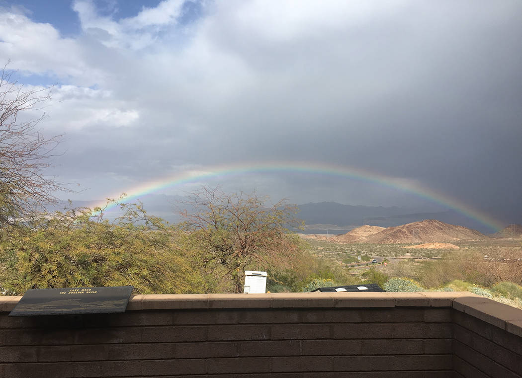 Andy Saylor
A full rainbow stretched from Boulder Beach to the Historic Railroad Trail at Lake Mead National Recreation Area on Monday following an afternoon rainstorm.