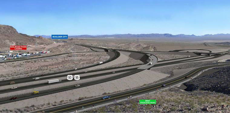 This rendering shows what the completed stretch for the Boulder City Parkway exit off the new Interstate 11 will look like. A new segment, completing the Railroad Pass Casino Road interchange, ope ...