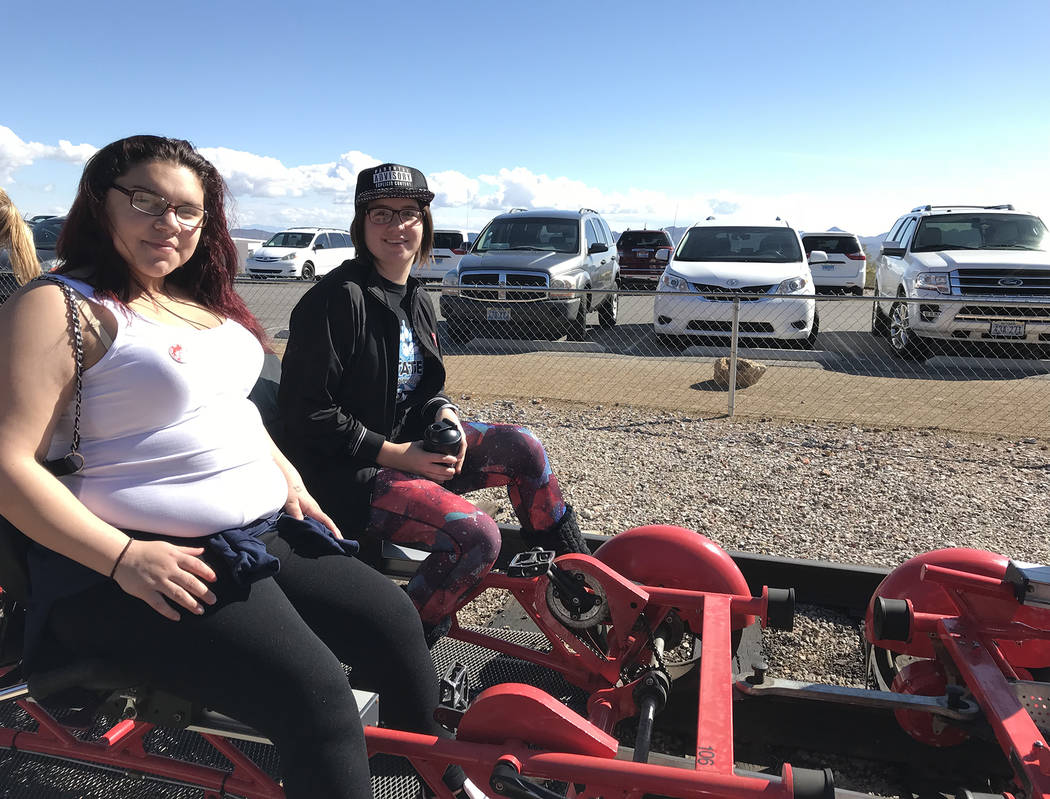 Hali Bernstein Saylor/Boulder City Review
Karen Orellana, 16, left, and Sarah Bernstein, 17, get ready to ride the rails Feb. 15 as Rail Explorers hosted about 40 children and staff members from S ...