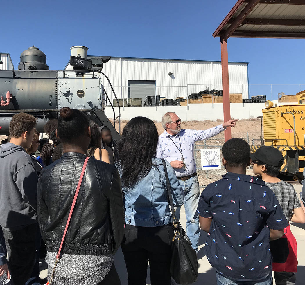 Hali Bernstein Saylor/Boulder City Review
Randy Hees, director of the Nevada State Railroad Museum, leads a tour for children from St. Jude's Ranch for Children on Feb. 15. They were guests of Rai ...