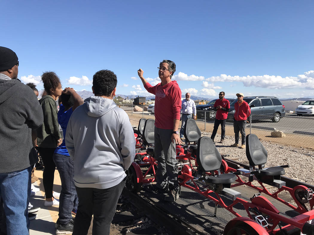 Hali Bernstein Saylor/Boulder City Review
Alex Catchpoole, owner and chief operating officer of Rail Explorers, provides a safety lesson to youth from St. Jude's Ranch for Children on Feb. 15 befo ...