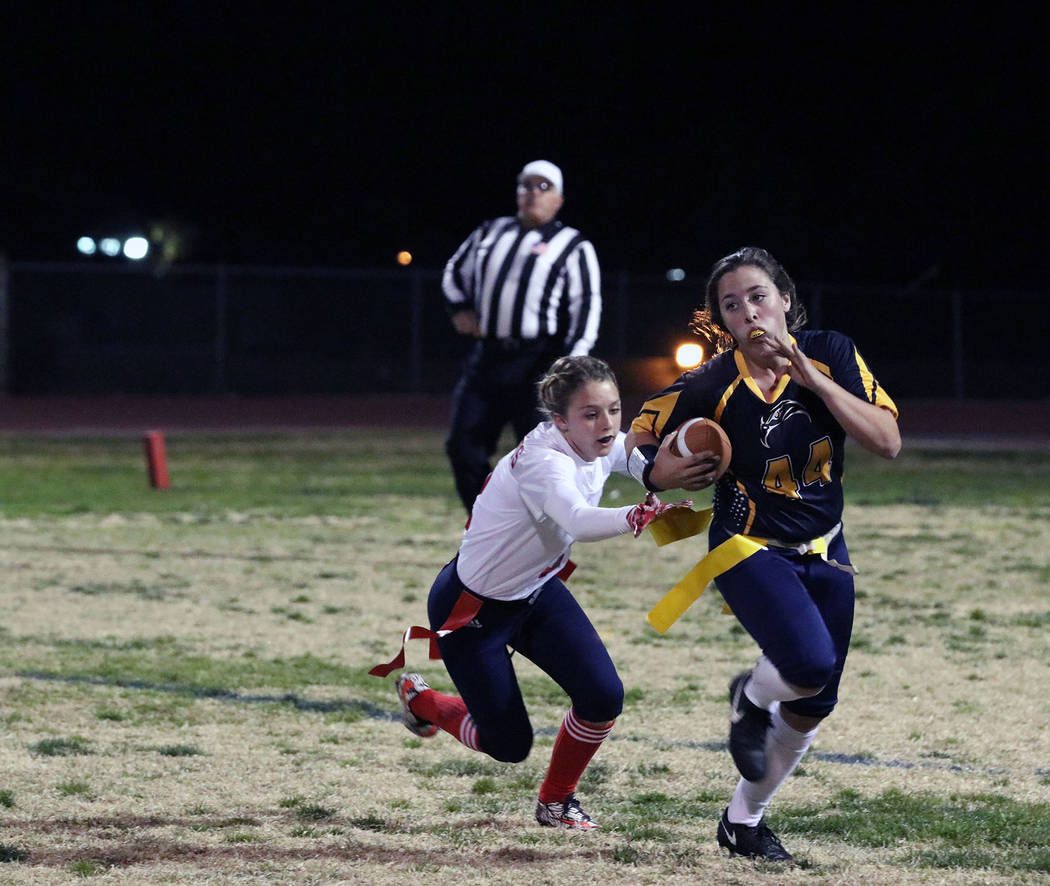File
Senior Nikki Meleo, seen during Boulder City High School's Nov. 29 victory against Liberty High School, led the Lady Eagles with nine tackles, along with 43 rushing yards on five carries and  ...