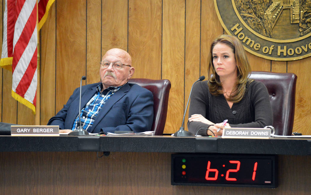 Celia Shortt Goodyear/Boulder City Review
Airport Advisory Committee member Gary Berger and Chairman Deborah Downs listen to public comment at the meeting Tuesday.